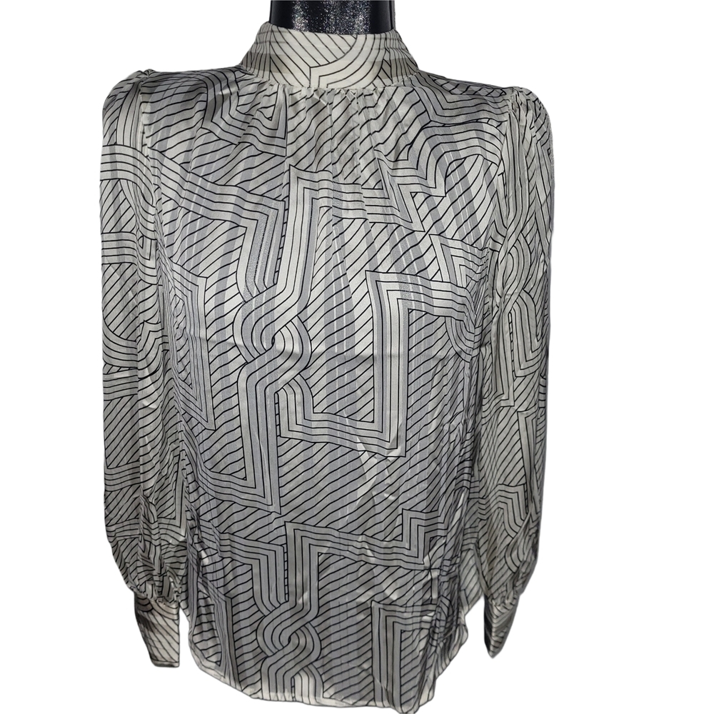 H&M White Stripe Patterned Mock Neck Puff Sleeve Blouse Size S
